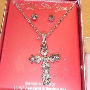 Boxed Set Silver Tone with Gray Crystals Cross Pendant and Stud Earrings